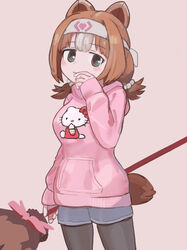  alternate_costume animal_ears bear_ears bear_girl bear_tail black_pantyhose blush brown_hair casual commentary_request cowboy_shot denim denim_shorts hair_bobbles hair_ornament hairband headband hello_kitty hello_kitty_(character) highres hood hood_down hoodie kemono_friends kodiak_bear_(kemono_friends) kunikuni_(kunihiro2005) panties pantyhose pantyhose_under_shorts paw_stick pink_hoodie sanrio short_hair short_shorts short_tail short_twintails shorts solo sweater tail twintails underwear weapon white_hair white_hairband 