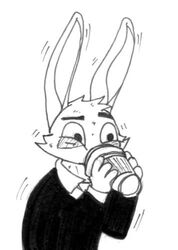  2016 4_fingers anthro beverage black_and_white black_clothing black_sweater black_topwear caffeine calvin_lapin_(spiff) cheek_tuft clothing coffee coffee_cup container cup drinking eye_bags eyebrows facial_tuft fan_character fingers fur half-length_portrait holding_beverage holding_object labjer lagomorph leporid male mammal monochrome motion_lines necktie portrait rabbit raised_eyebrow shaking shirt simple_background solo sweater tense topwear traditional_media_(artwork) trembling tuft white_background white_body white_clothing white_fur white_necktie white_shirt white_topwear 