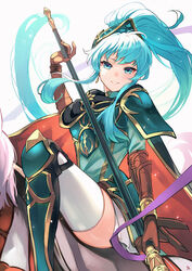  alternate_costume alternate_hairstyle animal aqua_eyes aqua_hair armor armored_boots blush boots brown_gloves cape commentary cosplay earrings eirika_(fire_emblem) eirika_(pledged_restorer)_(fire_emblem) ephraim_(fire_emblem) ephraim_(fire_emblem)_(cosplay) female fire_emblem fire_emblem:_the_sacred_stones fire_emblem_heroes gauntlets gloves hair_between_eyes hair_ornament high_ponytail highres holding holding_polearm holding_weapon horse horseback_riding jewelry lips long_hair looking_at_viewer miniskirt nakabayashi_zun official_alternate_costume parted_lips polearm ponytail riding shoulder_armor sidelocks skirt smile spear teeth thighhighs thighs weapon white_background white_skirt white_thighhighs 