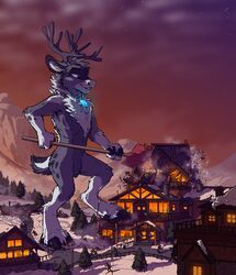  2021 anthro antlers building cloud deer destruction digital_media_(artwork) fur gem glowing glowing_gem grey_body grey_fur hi_res horn jewelry larger_anthro larger_male lights macro macro_anthro macro_male male mammal mountain necklace new_world_deer night outside reindeer shovel size_difference sky smaller_anthro smaller_version_at_source snow tirrel tools town 