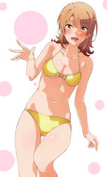  absurdres bikini blush breasts female highres isshiki_iroha light_brown_hair medium_hair navel open_mouth polka_dot polka_dot_background shou937 solo standing swimsuit thigh_gap yahari_ore_no_seishun_lovecome_wa_machigatteiru. yellow_bikini yellow_eyes 