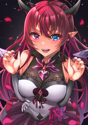  ahoge bare_shoulders black_background blue_eyes blue_hair blush breasts breasts_squeezed_together cleavage collarbone crystal_wings detached_sleeves detached_wings fangs female flower from_above hair_between_eyes heterochromia highres hololive hololive_english horns irys_(hololive) irys_(irys_1.0)_(hololive) lace_trim large_breasts long_hair looking_at_viewer multiple_horns open_mouth petals pleated_skirt pointy_ears purple_eyes purple_hair purple_nails see-through simple_background skirt smile thick_eyelashes upper_body very_long_hair virtual_youtuber wings zacky 