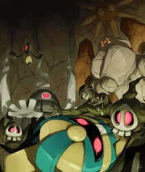  1boy bandaged_hand bandaged_head bandages brandon_(pokemon) buttons cave_interior cofagrigus commentary_request dusclops duskull glowing glowing_eyes green_jacket highres jacket long_sleeves male_focus mummification_(bound) mummy orange_eyes outstretched_arms pink_eyes pokemon pokemon_(creature) pokemon_emerald pokemon_rse regirock runerigus sharp_teeth shigeshiro_hideto solrock spread_fingers teeth yamask 