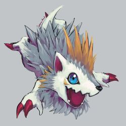  1:1 @kira_drah ambiguous_gender bandai_namco black_nose blue_eyes claws digimon digimon_(species) eulipotyphlan feral fur grey_background grey_body grey_fur herissmon hi_res mammal markings open_mouth red_claws simple_background solo teeth toe_claws tuft white_body white_fur yellow_markings 