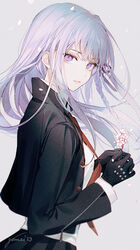  bangs black_gloves black_jacket black_skirt braid closed_mouth commentary danganronpa:_trigger_happy_havoc danganronpa_(series) eyelashes female floating_hair flower from_side gloves gomzi grey_background hair_ornament hair_ribbon hands_up holding holding_flower jacket kirigiri_kyouko long_hair long_sleeves looking_at_viewer looking_to_the_side necktie open_clothes open_jacket petals purple_eyes purple_hair purple_ribbon red_neckwear ribbon shiny shiny_hair shirt side_braid signature single_braid skirt solo upper_body white_flower white_shirt 