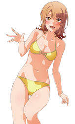  absurdres bikini blush breasts female highres isshiki_iroha light_brown_hair medium_hair navel open_mouth shou937 solo standing swimsuit thigh_gap white_background yahari_ore_no_seishun_lovecome_wa_machigatteiru. yellow_bikini yellow_eyes 