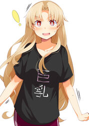  ! alternate_costume black_shirt blonde_hair blush breasts chata_maru_(irori_sabou) collarbone commentary_request ereshkigal_(fate) fate/grand_order fate_(series) female highres irony jewelry long_hair looking_at_viewer open_mouth parted_bangs pun red_eyes red_shorts shirt short_sleeves shorts simple_background solo sportswear translated wavy_mouth white_background 