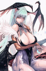  aqua_hair aqua_nails arms_under_breasts bat_wings black_leotard breast_hold breasts bridal_gauntlets bug butterfly cleavage cleavage_cutout clothing_cutout commentary cowboy_shot demon_girl female finger_in_own_mouth fingernails from_side fur_trim grey_background half-closed_eyes halterneck hand_up head_wings heart heart_cutout heart_print highleg highleg_leotard holding holding_butterfly large_breasts leotard long_fingernails long_hair looking_at_viewer low_wings maeshima_shigeki morrigan_aensland nail_polish naughty_face orange_bridal_gauntlets pantyhose print_pantyhose purple_pantyhose red_eyes red_wings sideboob sidelocks simple_background sitting solo stomach_cutout straight_hair thick_thighs thighs turtleneck upper_body vampire_(game) very_long_hair white_background wings 