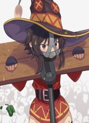  belt black_belt black_gloves blush brown_hair covered_mouth cowboy_shot crowd dress female fingerless_gloves food gloves hair_between_eyes hat kono_subarashii_sekai_ni_shukufuku_wo! long_sleeves megumin pillory raftetram red_dress red_eyes restrained sidelocks solo_focus throwing witch_hat 