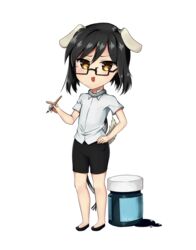  2016 5_fingers absurd_res alpha_channel animal_humanoid anime_eyes bangs bent_arm black_bottomwear black_clothing black_eyebrows black_footwear black_hair black_shoes black_shorts blush bottomwear canid canid_humanoid canine canine_humanoid chibi clothing collar colored container digital_drawing_(artwork) digital_media_(artwork) dog_ears dog_humanoid duokhay duokhay_(character) eyebrow_through_hair eyebrows eyewear female fingers floppy_ears fluffy fluffy_tail footwear front_view glasses grey_collar hair hand_on_hip hi_res holding_object holding_pen humanoid ink jar leash looking_at_viewer mammal mammal_humanoid medium_hair number pen rectangular_glasses red_mouth shaded shorts simple_background smile smiling_at_viewer solo standing tail thin_eyebrows translucent translucent_hair transparent_background white_dress_shirt white_tail wire 