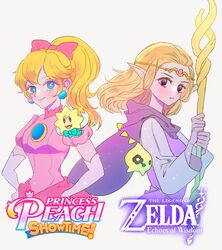  blonde_hair brooch cloak company_connection copyright_name crossover dress highres jewelry looking_at_viewer mage_staff mario_(series) nintendo pink_dress pointy_ears ponytail princess_peach princess_peach:_showtime! princess_zelda seusojeldaleul-wihaejug-eum smile staff stella_(peach) the_legend_of_zelda the_legend_of_zelda:_echoes_of_wisdom trait_connection tri_(zelda) tri_rod upper_body 