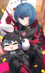  2girls absurdres ahoge black_bodysuit black_gloves black_hair bodysuit breasts chibi closed_mouth dead_angels gloves grey_hair happy_birthday highres holding honkai_(series) honkai_impact_3rd large_breasts long_hair long_sleeves looking_at_viewer mole mole_under_mouth multiple_girls purple_eyes raven_(honkai_impact) red_eyes short_hair smile solo table 