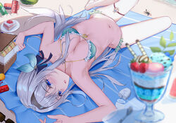  absurdres bikini black_hairband breasts cake cake_slice can cleavage day dongyue_sakura female firefly_(honkai:_star_rail) food green_bikini grey_hair hair_between_eyes hairband highres honkai:_star_rail honkai_(series) ice_cream long_hair looking_at_viewer lotion_bottle lying medium_breasts navel on_back open_mouth outdoors purple_eyes sand solo stomach swimsuit thigh_strap 