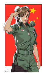  brown_eyes brown_hair bun_cover chinese_commentary chun-li commentary_request double_bun female flag gtolin_chang hair_bun highres military military_uniform people&#039;s_republic_of_china_flag solo street_fighter uniform yellow_star 