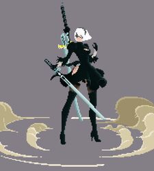  2b_(nier:automata) animated animated black_blindfold blindfold boots cleavage_cutout clothing_cutout commentary_request covered_eyes feather-trimmed_sleeves female hairband high_heel_boots high_heels highres juliet_sleeves katana leotard long_sleeves nier:automata nier_(series) pixel_art puffy_sleeves solo sword thighhighs thighhighs_under_boots usualmanu virtuous_contract virtuous_treaty weapon white_leotard 