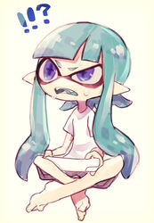  !? absurdres blue_hair commentary_request fangs female game_console highres inkling inkling_girl inkling_player_character long_hair photoshop_(medium) puchiman purple_eyes shirt sitting solo splatoon_(series) splatoon_1 sweat symbol-shaped_pupils tentacle_hair white_shirt wii_u wii_u_gamepad 