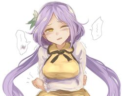  breasts commentary_request dress female holding_stomach long_hair long_sleeves low_twintails medium_breasts one_eye_closed pain purple_hair solo stomach_ache tears touhou tsukumo_benben twintails upper_body utopia wince yellow_eyes 