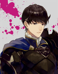  1boy akke armor berkut_(fire_emblem) black_eyes brown_hair cape commentary_request fire_emblem fire_emblem_echoes:_shadows_of_valentia fur_trim grey_background hair_ornament male_focus solo 