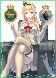  badge black_panties blonde_hair blue_eyes braid breasts cleavage commentary_request crossed_legs crown dress feet_out_of_frame female flower garter_straps hairband half_up_braid jewelry kantai_collection large_breasts long_hair long_sleeves looking_at_viewer mini_crown necklace off-shoulder_dress off_shoulder open_mouth panties pantyshot red_flower red_ribbon red_rose ribbon rose sitting solo thighhighs throne tilted_headwear underwear warspite_(kancolle) white_dress white_thighhighs yamikota 