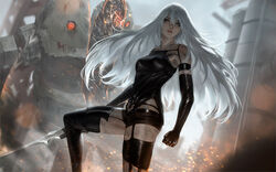  a2_(nier:automata) after_battle android black_gloves black_shorts clenched_hand commentary dirty elbow_gloves female gloves joints long_hair looking_at_viewer machine_(nier) mole mole_under_mouth nier:automata nier_(series) photoshop_(medium) raikoart revision robot_joints serious short_shorts shorts solo sword thighhighs weapon 