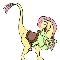  1:1 alternate_species black-kitten bottomless claws clothed clothing dinosaur dromaeosaurid extinct female feral fluttershy_(mlp) friendship_is_magic hair hasbro hi_res hoodie my_little_pony open_mouth pink_hair prehistoric_species reptile saddle scalie simple_background solo theropod topwear white_background 