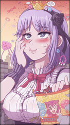  blue_eyes blush breasts candy cheek_bulge commentary crown dagashi_kashi eating english_commentary english_text female food giant giantess hairband hand_on_own_cheek hand_on_own_face heart heart-shaped_pupils highres karbo large_breasts long_hair photoshop_(medium) purple_hair shidare_hotaru solo stomach_growling swallowing symbol-shaped_pupils throat_bulge vore 