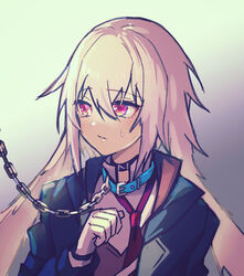  1boy animal_ears ansel_(arknights) arknights black_choker black_jacket blue_collar chains choker collar collared_shirt floppy_ears gloves gradient_background grey_background hair_between_eyes hand_up jacket leash male_focus necktie open_clothes open_jacket otoko_no_ko pink_hair rabbit_boy rabbit_ears red_necktie shirt short_hair simple_background solo sweatdrop upper_body white_gloves white_shirt yoruhachi 