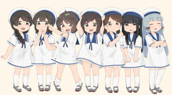  6+girls aged_down aoshima_sakana arms_up bandaid bandaid_on_face black_eyes black_hair blue_sailor_collar blush brown_eyes brown_hair closed_eyes closed_mouth commentary_request cosplay crossed_arms crying crying_with_eyes_open dirty dirty_clothes dress fubuki_(kancolle) full_body green_eyes grey_hair hair_ribbon hands_on_headwear hat hatsuyuki_(kancolle) hiburi_(kancolle) hiburi_(kancolle)_(cosplay) isonami_(kancolle) kantai_collection kneehighs leaf leaf_on_head looking_at_viewer low_ponytail miyuki_(kancolle) multiple_girls murakumo_(kancolle) open_mouth panties pantyshot ribbon sailor_collar sailor_dress sailor_hat shirayuki_(kancolle) shoes short_hair short_sleeves simple_background smile socks standing tears tress_ribbon underwear uranami_(kancolle) white_dress white_headwear white_legwear white_panties 