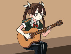  acoustic_guitar black_thighhighs brown_background brown_hair commentary cowboy_shot english_commentary female green_shirt guitar hair_ribbon instrument kantai_collection long_hair military military_uniform one-hour_drawing_challenge pelvic_curtain pun ribbon shirt sitting sixten solo thighhighs tone_(kancolle) tone_kai_ni_(kancolle) twintails uniform 