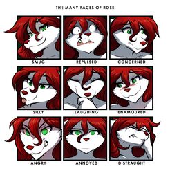  2020 adobe_photoshop_(artwork) angry annoyed anthro blep blush bodily_fluids canid canine canis clenched_teeth closed_eyes colored conditional_dnp crying digital_media_(artwork) disgust english_text female fur green_eyes grin hair keidran laugh looking_aside looking_at_viewer mammal model_sheet red_hair roselyn_(twokinds) smile smirk solo stare tears teeth text tom_fischbach tongue tongue_out twokinds white_body white_fur wolf worried 