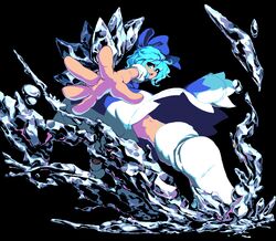  bad_perspective blue_dress blue_eyes blue_hair cirno commentary_request dress female foreshortening ice ice_wings looking_at_viewer looking_back namako_daibakuhatsu open_mouth pixel_art puffy_short_sleeves puffy_sleeves short_hair short_sleeves smile solo touhou wings 