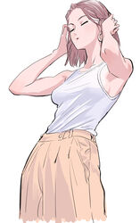  absurdres armpits bare_arms bare_shoulders brown_hair closed_eyes cowboy_shot earrings female highres hoop_earrings jewelry medium_hair murata_yuusuke original pants shirt simple_background sleeveless sleeveless_shirt solo standing toned tucking_hair white_background white_shirt yellow_pants 