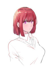  absurdres bob_cut closed_mouth collared_shirt female highres looking_at_viewer medium_hair murata_yuusuke original purple_eyes red_hair shirt simple_background solo sweater upper_body white_background wing_collar 