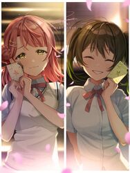  2girls bad_id bad_pixiv_id black_hair blue_shirt blunt_bangs blush braid braided_bun charm_(object) closed_eyes collared_shirt crying eyelashes film_grain gradient_hair green_hair grin hair_between_eyes hair_bun hair_ornament hairpin highres holding_charm looking_at_viewer love_live! love_live!_nijigasaki_high_school_idol_club medium_hair multicolored_hair multiple_girls neck_ribbon nijigasaki_school_uniform orange_hair petals pink_hair red_ribbon ribbon school_uniform shirt short_sleeves signature single_side_bun smile split_screen summer_uniform sweater_vest swept_bangs takasaki_yu tears twintails two-tone_hair uehara_ayumu upper_body white_shirt yellow_eyes zawawa_(satoukibi1108) 