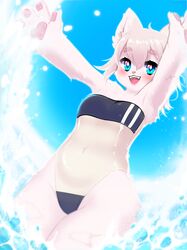  4_fingers absurd_res anthro beach blue_eyes breasts canid canine clothing female female_anthro fennec_fox fingers fox gris_swimsuit happy hi_res kemono mammal meme meme_clothing neu_(sukendo) one-piece_swimsuit raised_arms seaside small_breasts smile solo sukendo swimwear translucent translucent_clothing translucent_swimwear true_fox water 