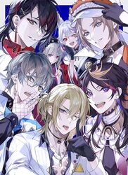  2girls 5boys animal_ears black_hair blonde_hair brown_hair collar_chain_(jewelry) eyeshadow glasses grey_hair hair_behind_ear hair_ornament hairclip highres ike_eveland ike_eveland_(1st_costume) looking_at_viewer luca_kaneshiro luca_kaneshiro_(1st_costume) luxiem makeup medium_hair multicolored_hair multiple_boys multiple_girls mysta_rias mysta_rias_(1st_costume) neru_(jojo86080879) nijisanji nijisanji_en nina_kosaka nina_kosaka_(1st_costume) open_mouth red_eyeshadow reimu_endou reimu_endou_(1st_costume) short_hair shu_yamino shu_yamino_(1st_costume) two-tone_hair virtual_youtuber vox_akuma white_hair 