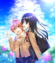  2girls ahoge bag black_hair cloud commentary_request flower highres hydrangea koito_yuu multiple_girls nanami_touko orange_hair rainbow school_uniform sky sunlight tohmi_higashi_high_school_uniform upper_body yagate_kimi_ni_naru 