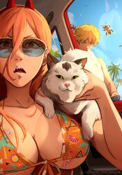  1boy absurdres alternate_breast_size animal animal_on_shoulder bandaid bandaid_on_breast bikini blonde_hair blue_sky breasts bug car_interior cat_on_shoulder chainsaw_man commentary d: day denji_(chainsaw_man) feline female front-tie_bikini_top front-tie_top hello_kitty hello_kitty_(character) highres horns khyle. large_breasts long_hair meowy_(chainsaw_man) open_mouth orange_bikini orange_eyes orange_hair power_(chainsaw_man) sanrio sharp_teeth sky sunglasses swimsuit symbol-shaped_pupils teeth underboob upper_body 