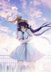  2girls ayase_eli bad_id bad_pixiv_id blue_sky blush building city cloud contrail crying day dress eyelashes feathers feet_out_of_frame flower hair_flower hair_ornament head_on_another&#039;s_shoulder highres hug long_hair love_live! love_live!_school_idol_project multiple_girls outdoors sailor_collar sailor_dress scrunchie short_dress short_sleeves signature sky skyline socks sunlight sunrise tears tojo_nozomi white_dress white_socks wrist_scrunchie yuri zawawa_(satoukibi1108) 