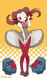  blush breasts brown_hair chorimokki dress female long_hair mary_janes nosepass one_eye_closed open_mouth pantyhose pink_legwear pokemon pokemon_(creature) pokemon_oras red_eyes roxanne_(pokemon) shoes twintails 