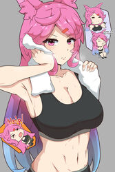  &gt;_&lt; &gt;o&lt; absurdres alternate_costume animal_ears armpits bare_shoulders bike_shorts black_sports_bra blue_hair bound breasts cleavage cleo_(dragalia_lost) dragalia_lost drinking dumbbell english_text exercising exhausted female gradient_hair hair_ornament hairclip hand_on_own_face hand_towel help hexelsafe highres jump_rope large_breasts long_hair looking_at_viewer lying midriff motion_lines multicolored_hair multiple_views navel on_back pink_hair rabbit_ears sitting sports_bra sportswear struggling sweat tears tied_up_(nonsexual) two-tone_hair very_long_hair 