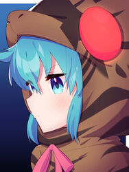  aqua_eyes aqua_hair blue_background blush closed_mouth commentary female frown gradient_background hair_between_eyes highres hood hood_up hoodie kemono_friends looking_to_the_side neck_ribbon pink_ribbon portrait ribbon short_hair snake_hood solo takom tsuchinoko_(kemono_friends) 