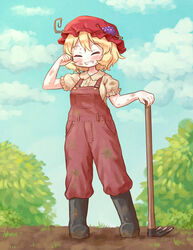  adapted_costume aki_minoriko arinu black_footwear blonde_hair blue_sky boots closed_eyes cloud commentary dirty dirty_clothes dirty_face farmer female food fruit full_body grapes grin hat highres holding mob_cap outdoors overalls rake red_hat short_hair short_sleeves sky smile solo standing sweat touhou 