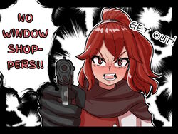  aiming aiming_at_viewer anna_(fire_emblem) black_border black_gloves black_scarf border commentary english_text female fire_emblem fire_emblem_engage foreshortening gloves gun handgun holding holding_gun holding_weapon looking_at_viewer medium_hair mnejing30 open_mouth ponytail red_eyes red_hair scarf solo upper_body weapon 