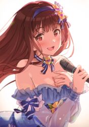  bare_shoulders blunt_bangs blush breasts brown_eyes brown_hair cleavage collarbone female hairband highres holding holding_microphone idolmaster idolmaster_million_live! large_breasts lips long_hair long_sleeves looking_at_viewer microphone narumi_nanami open_mouth smile solo tanaka_kotoha 