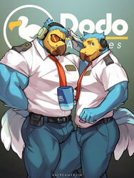  2020 3:4 5_fingers animal_crossing anthro avian aviator_glasses barazoku beak belt biceps biped bird blue_body blue_feathers bottomwear clothing columbid dodo duo english_text extinct eyewear feathers fingers glasses jimsdaydream male muscular muscular_male muscular_thighs necktie nintendo orville_(animal_crossing) recently_extinct_species signature tail tail_feathers text topwear wilbur_(animal_crossing) 