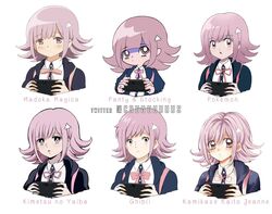  :o aoki_ume_(style) blush bow collared_shirt commentary copyright_name criis-chan cropped_shoulders danganronpa_(series) danganronpa_2:_goodbye_despair english_commentary female flipped_hair galaga gotouge_koyoharu_(style) hair_ornament handheld_game_console holding holding_handheld_game_console jacket kamikaze_kaitou_jeanne kimetsu_no_yaiba mahou_shoujo_madoka_magica mahou_shoujo_madoka_magica_(anime) multiple_drawing_challenge multiple_style_parody multiple_views nanami_chiaki neck_ribbon open_clothes open_jacket panty_&amp;_stocking_with_garterbelt parody pink_bow pink_hair pink_ribbon playing_games pokemon ribbon shirt short_hair simple_background spaceship_hair_ornament studio_ghibli studio_ghibli_(style) style_parody sugimori_ken_(style) tanemura_arina_(style) twitter_username white_background 