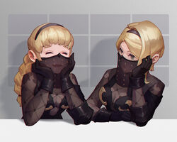  2girls black_gloves black_hairband blonde_hair closed_eyes commentary_request gloves green_eyes hairband hands_on_own_face jiro_(ninetysix) long_hair medium_hair mouth_veil multiple_girls nier:automata nier_(series) open_mouth operator_21o operator_6o see-through smile upper_body veil 