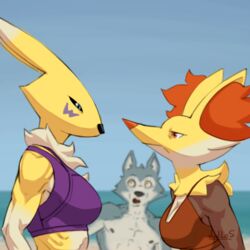  1:1 anthro artist_name bandai_namco beach beastars black_nose black_sclera blue_body blue_eyes blue_fur blurred_character body_hair bra breasts canid canine canis cheek_tuft chest_hair chest_tuft clear_sky cleavage clothed clothing collarbone delphox digimon digimon_(species) dudles eye_contact facial_markings facial_tuft female frown fur game_freak generation_6_pokemon glaring glaring_at_another group head_markings inner_ear_fluff legoshi_(beastars) long_ears looking_at_another male mammal markings medium_breasts multicolored_body multicolored_fur muscular muscular_anthro muscular_female nintendo nipples no_eyebrows open_mouth orange_eyes orange_nose pointed_nose pokemon pokemon_(species) purple_bra purple_clothing purple_sports_bra purple_underwear red_clothing red_swimwear renamon seaside shocked sky sports_bra swimwear trio tuft underwear water white_body white_fur wolf yellow_body yellow_fur 