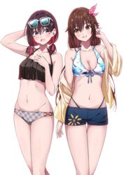  2girls alternate_costume alternate_hairstyle arm_at_side arm_up azki_(hololive) bare_shoulders bikini black_bikini blue_nails blue_shorts blush breasts brown_hair cleavage collarbone colored_inner_hair eyewear_on_head facial_mark feet_out_of_frame frilled_bikini frills groin halterneck hand_in_own_hair hand_on_own_chest highleg highleg_bikini highres hololive jacket long_hair looking_at_another looking_to_the_side low_twintails medium_breasts medium_hair mismatched_bikini multicolored_hair multiple_girls narumi_nanami navel off_shoulder open_mouth pink_eyes pink_hair pink_nails short_shorts short_twintails shorts side_ponytail sidelocks simple_background smile standing sunglasses swimsuit tokino_sora twintails virtual_youtuber white_background yellow_eyes yellow_jacket 